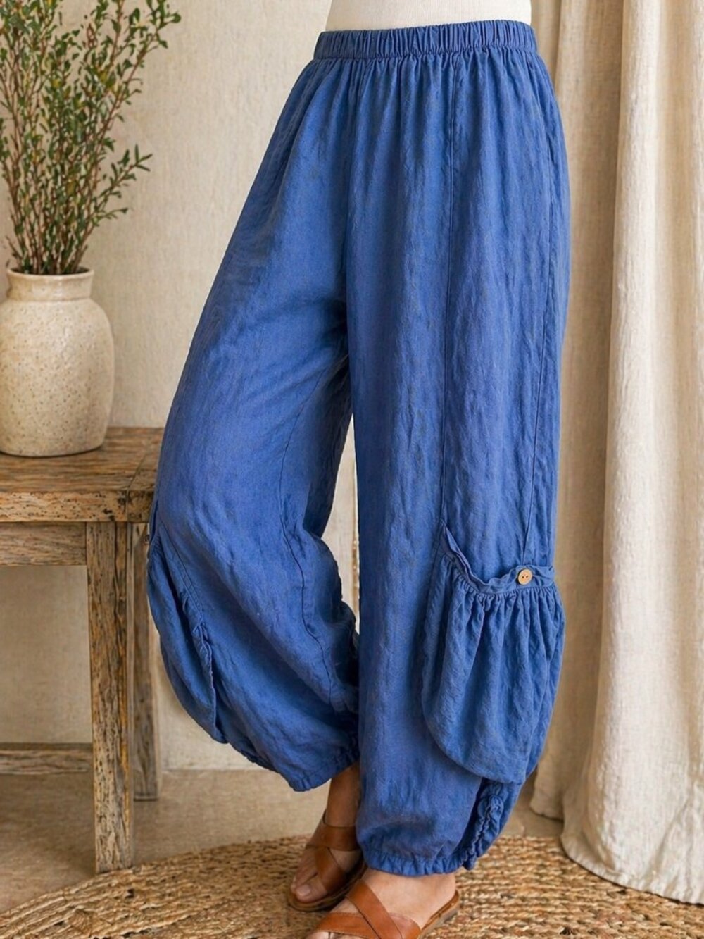 Made in Italy Linen Balloon Pants Lagenlook Gauze Pocket Blue M
